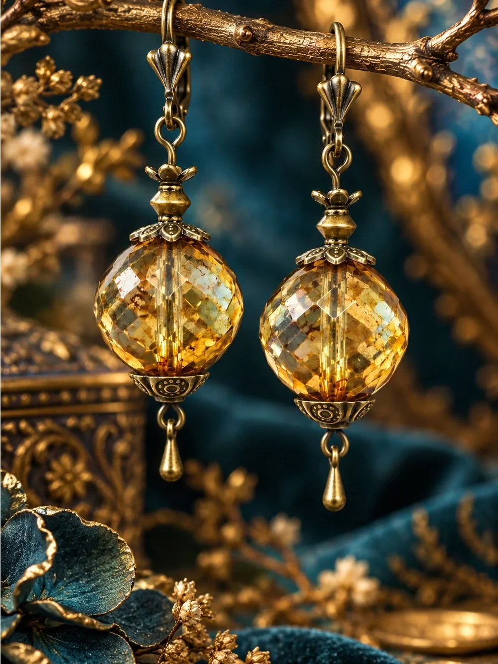 Czech Glass Amber Faceted Handmade Statement Earrings Antique Brass